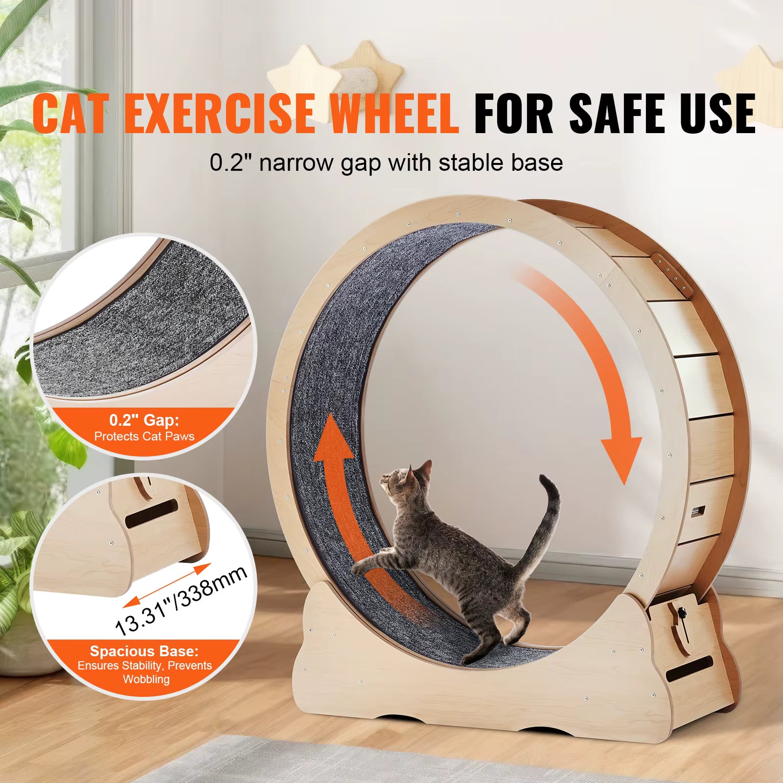 Wooden Cat Exercise Wheel Large Cat Treadmill Wheel for Indoor Cat Running Wheel with Detachable Carpet& Cat Teaser