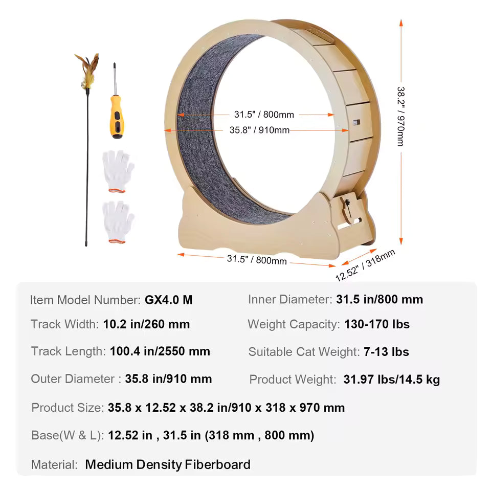 Wooden Cat Exercise Wheel Large Cat Treadmill Wheel for Indoor Cat Running Wheel with Detachable Carpet& Cat Teaser
