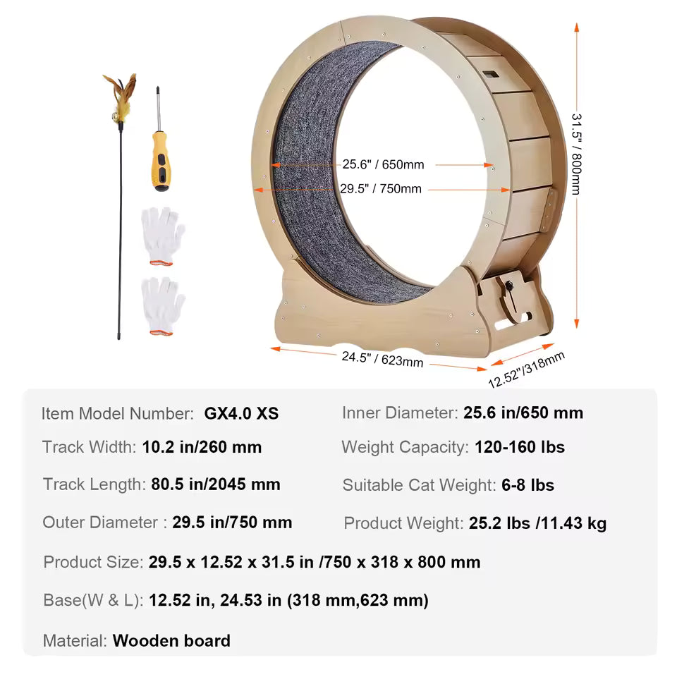 Wooden Cat Exercise Wheel Large Cat Treadmill Wheel for Indoor Cat Running Wheel with Detachable Carpet& Cat Teaser